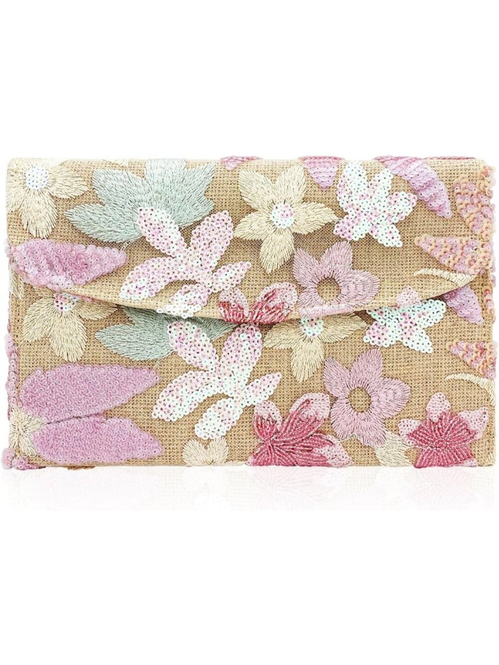 Women's Pink Embroidered Sequin Beaded Floral Wedding Clutch Evening Bag